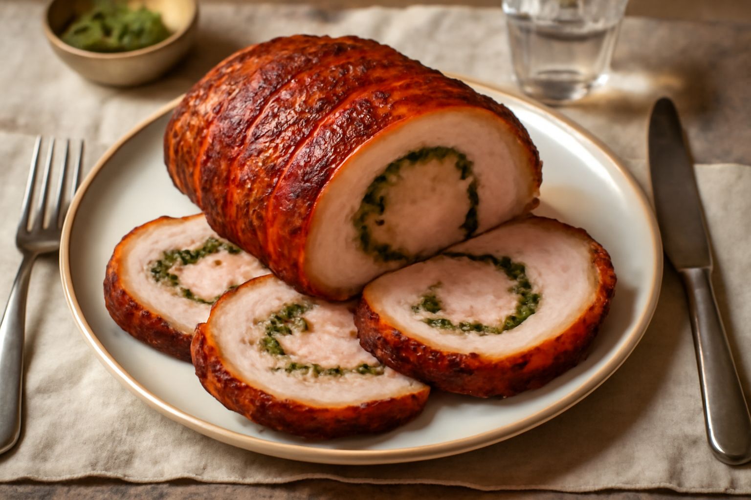 Porchetta astigiana intera cotta e dorata su un piatto bianco, circondata da patate arrosto, con la pelle croccante visibile e le erbe aromatiche sparse intorno