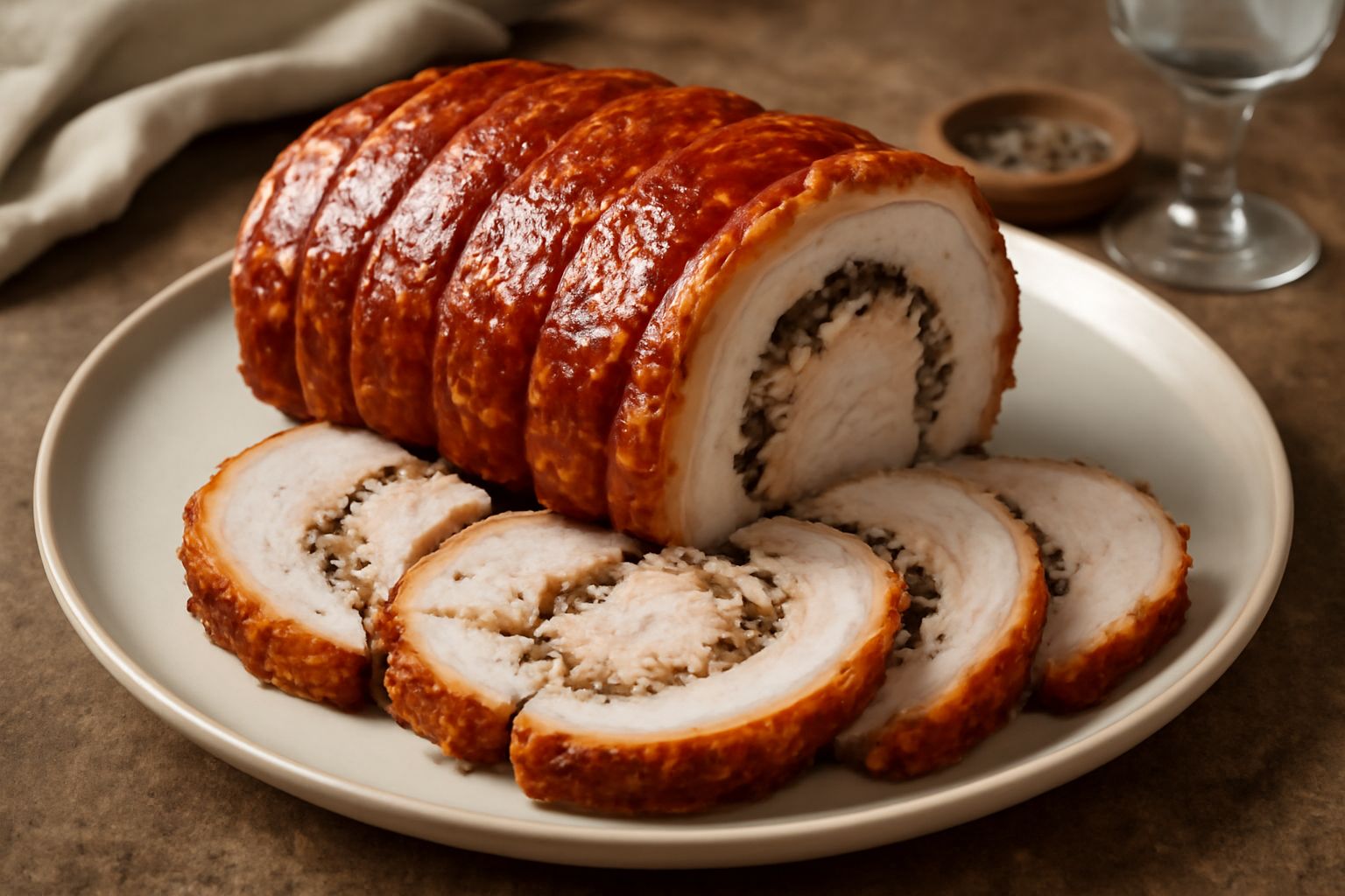 Porchetta calabrese intera dorata e croccante appena sfornata, pelle bruno-dorata lucida, circondata da spicchi di limone fresco e rametti di rosmarino, su un piatto di ceramica bianca