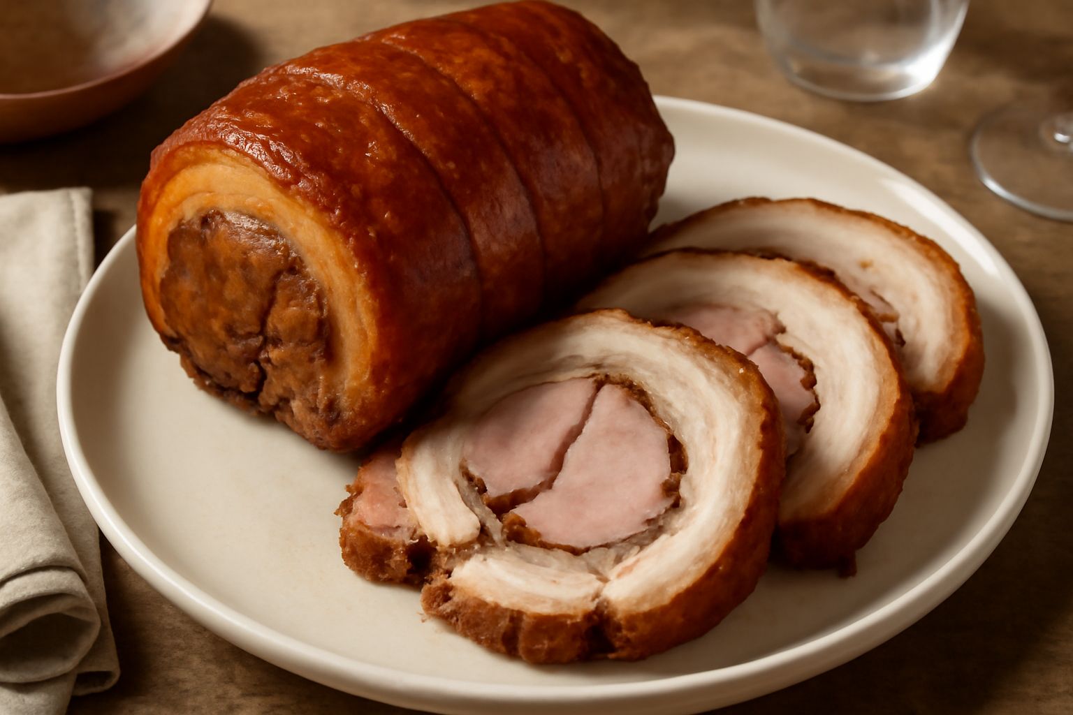 Porchetta intera e affettata su un tagliere di legno: carne dorata e rosata all'interno, pelle croccante, finocchietto e pepe nero visibili, contorno di fette pronte da servire