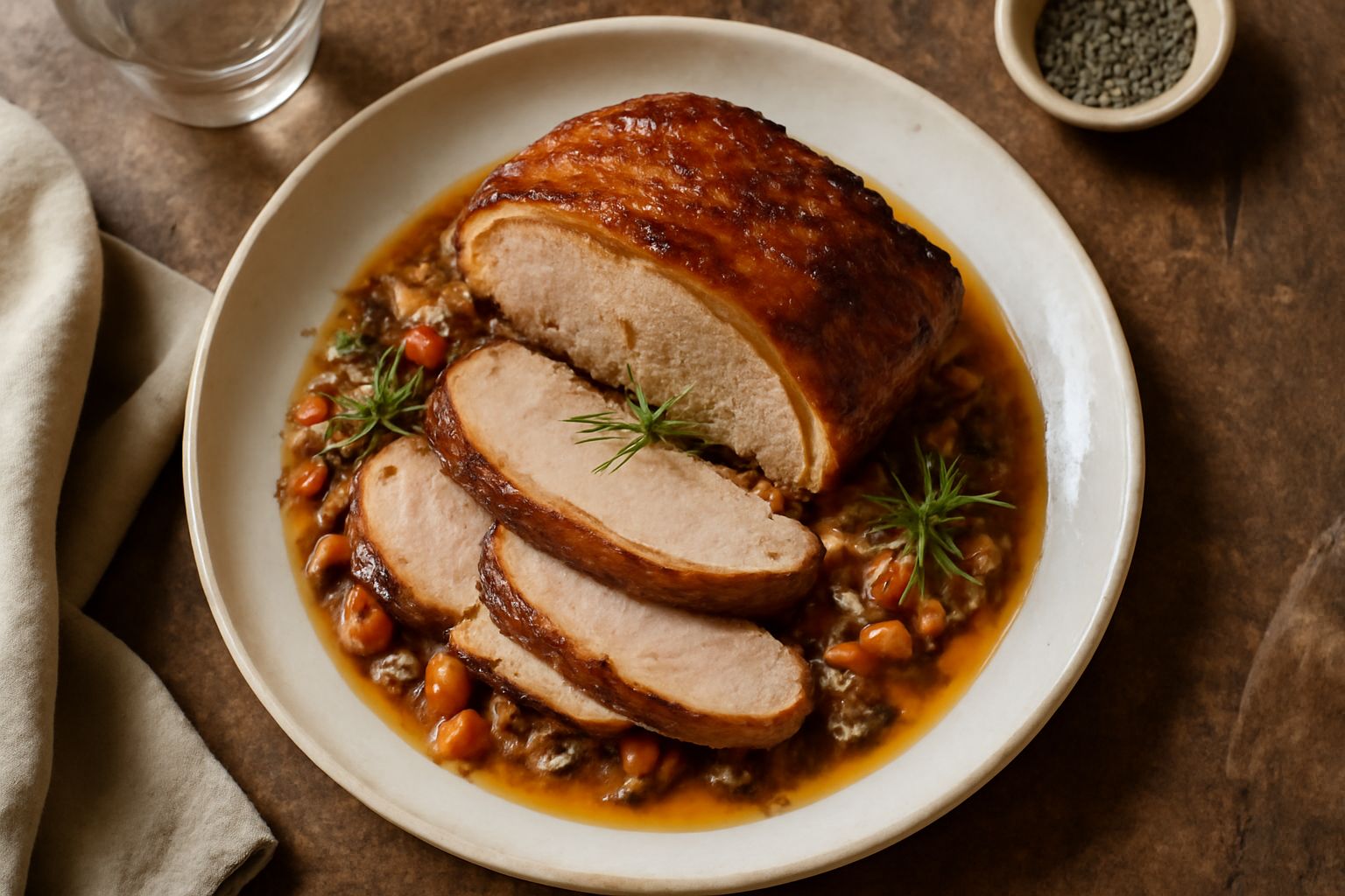 Porchetta dell'Emilia cruda in una teglia di ghisa, circondata da carote, sedano e rosmarino, prima della cottura al forno