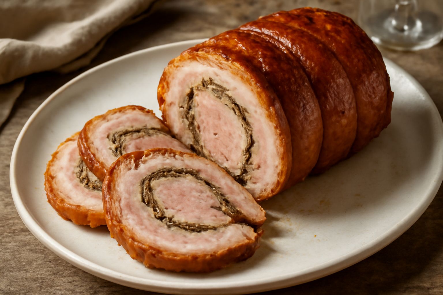 Porchetta affettata su piatto bianco, con pelle dorata e croccante, farcita di carne e erbe aromatiche, accompagnata da rosmarino fresco