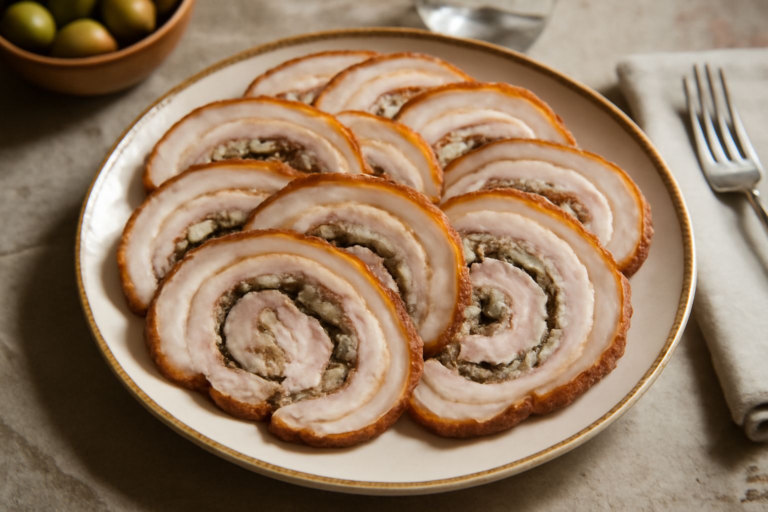 Fette sottili di porchetta di Ariccia con cotenna croccante e carne rosata su un piatto bianco, accanto a pane toscano e un bicchiere di vino bianco