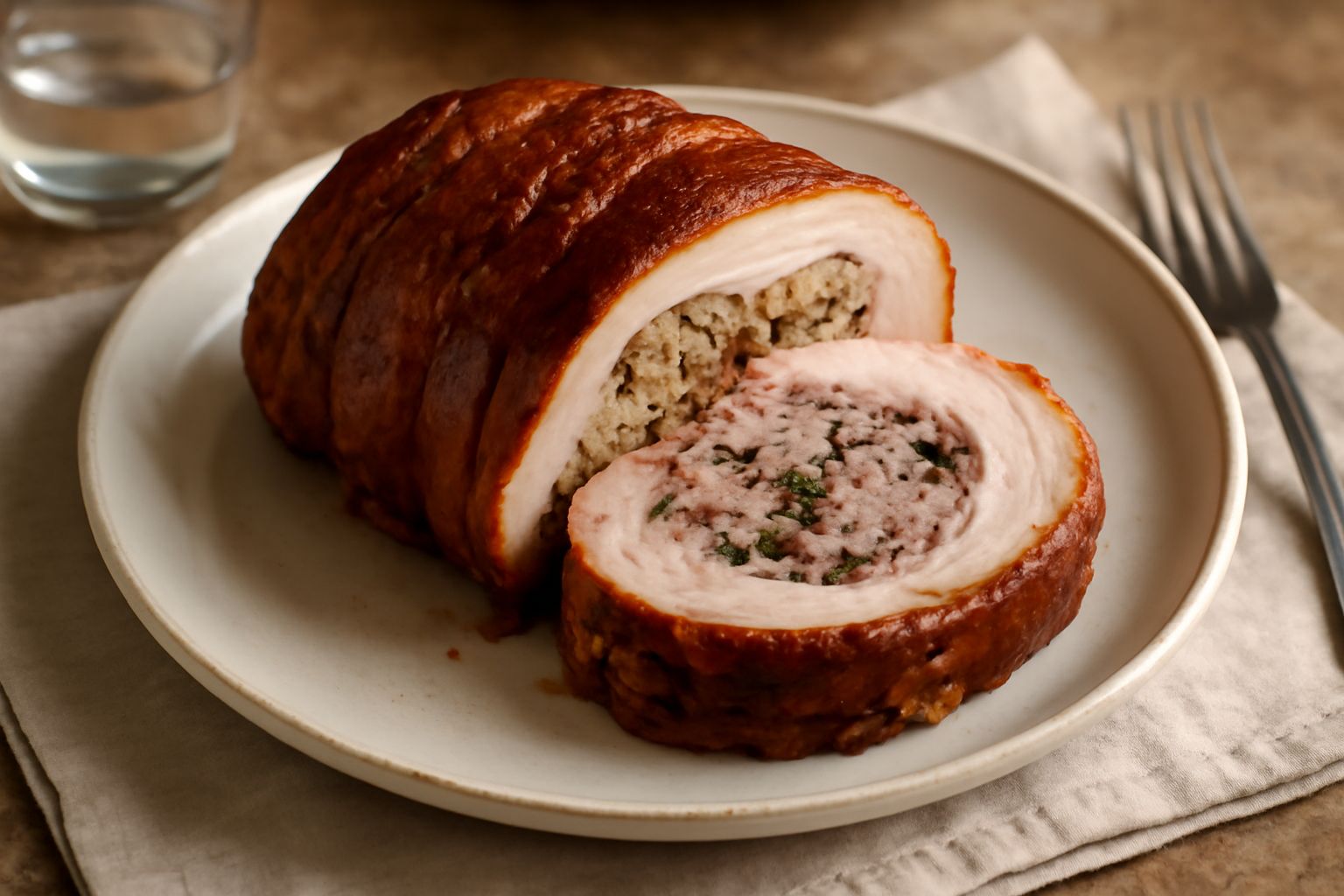 Porchetta di Assisi arrosto dorato e croccante in superficie, tagliata a fette per mostrare l'interno rosa tenero con il ripieno di carni e spezie, disposta su un tagliere di legno con spruzzi di sals