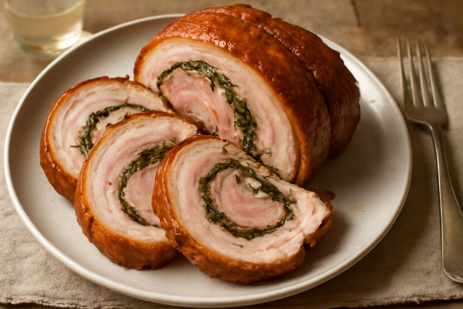 Porchetta di Carpegna intera affettata su un tagliere di legno scuro, con la pelle dorata e croccante, il ripieno verde di erbe visibile nella sezione trasversale, contornata da rosmarino e salvia fre