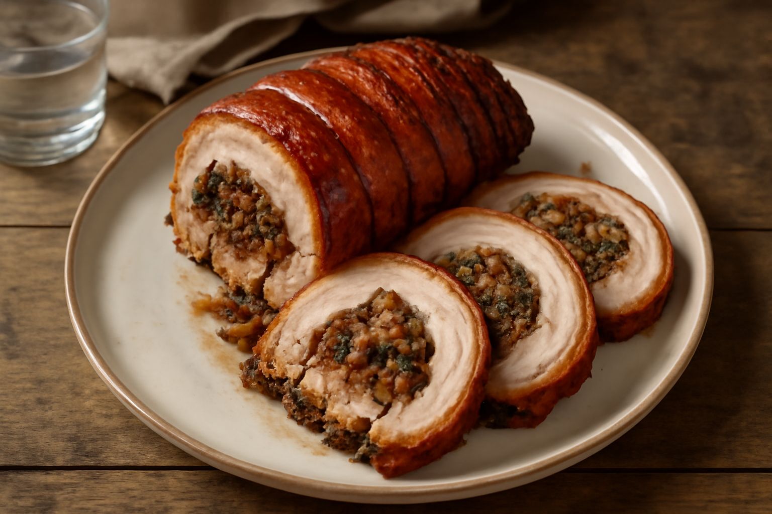 Porchetta intera cotta al forno con pelle croccante dorata, affettata in fette spesse, con ripieno di verdure e carni visibile al centro, servita su piatto bianco con contorno di verdure