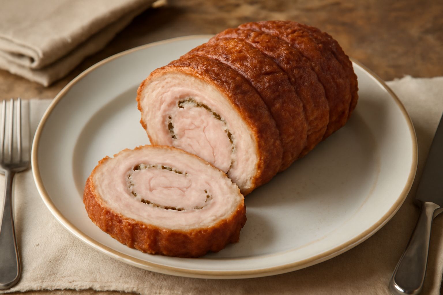 Porchetta di Farindola affettata su un piatto bianco, crosta dorata croccante, carne rosa chiaro e fiocchi di sale grosso, accanto rosmarino fresco e fette di pane casereccio