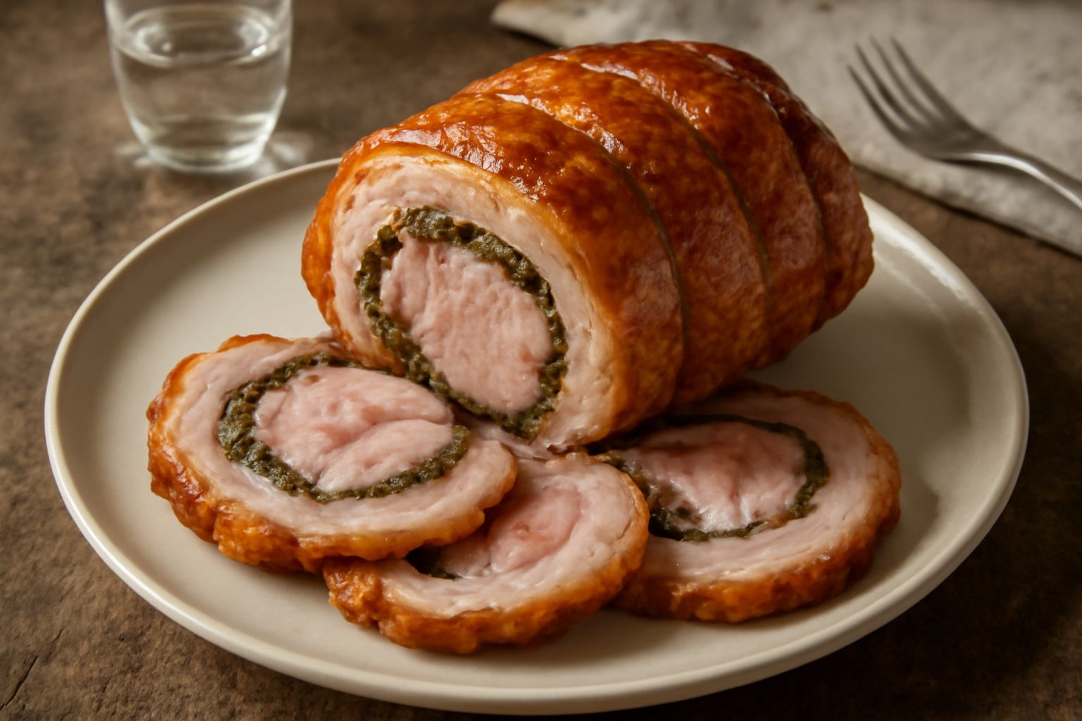 Porchetta di Foligno intera dorata e croccante, affettata per mostrare la carne rosa e gli aromi all'interno, presentata su un piatto bianco con rosmarino e finocchio selvatico