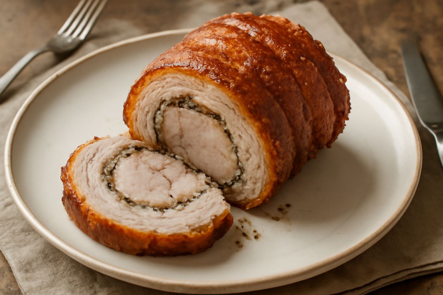 Porchetta intera affettata su tagliere di legno, con pelle croccante dorata, fetta di carne rosa e grigiastra, contornata da rami di finocchio selvatico e pepe nero