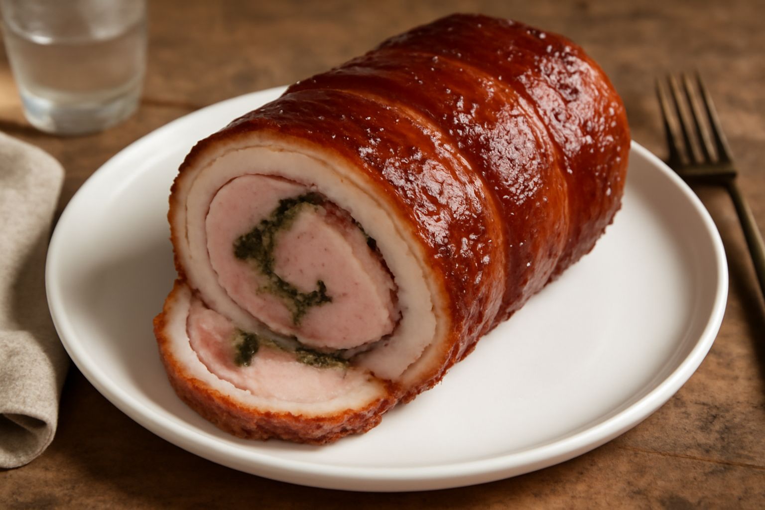 Porchetta di Ghigiano dorata e croccante in sezione, che mostra la crosta marrone scuro e la carne rosa chiara con il ripieno di erbe aromatiche verde-grigio, su un tagliere di legno con rami di rosma