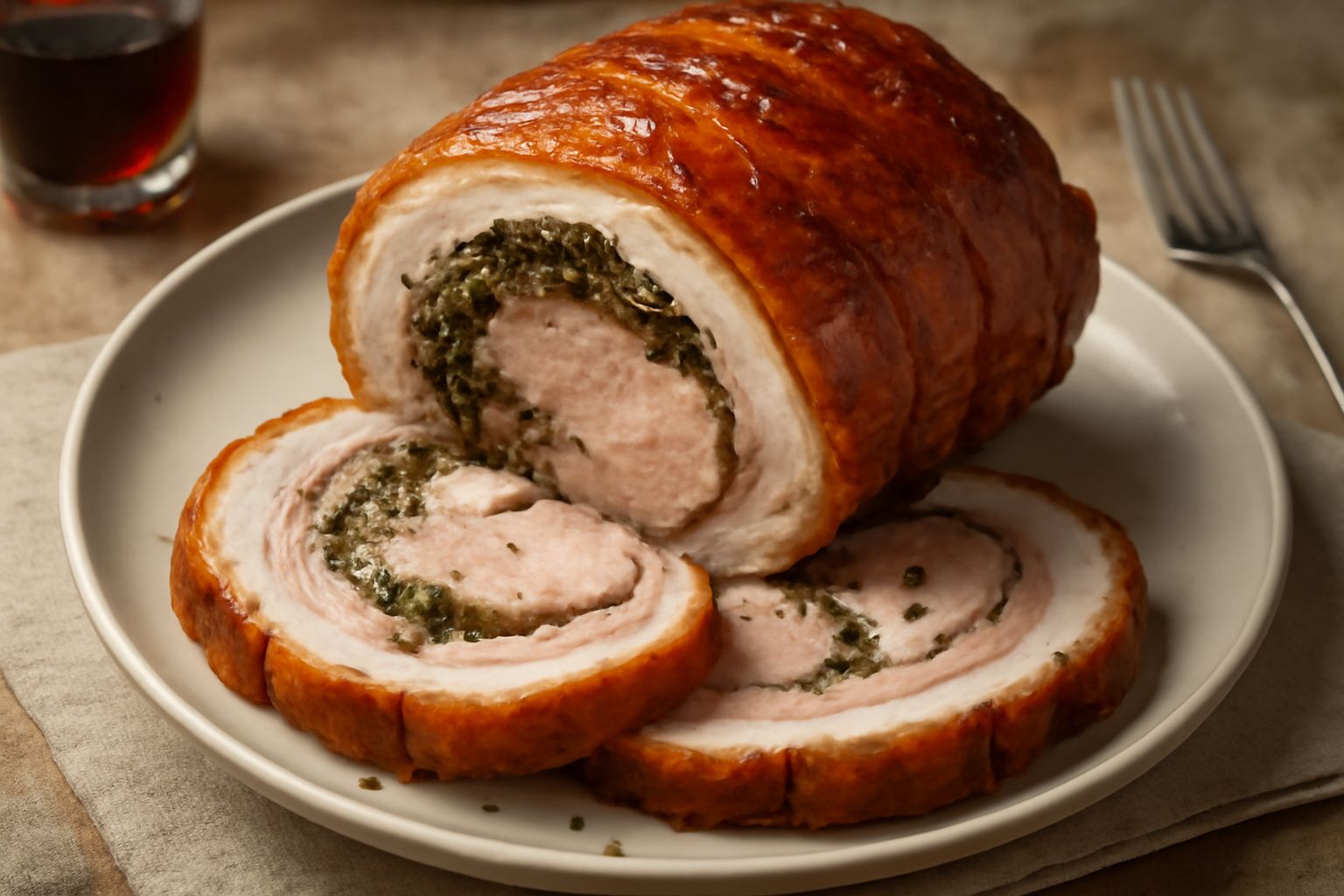 Porchetta intera dorata e croccante, affettata, disposta su un tagliere di legno con rosmarino e salvia fresca intorno. La pelle è marrone scuro lucido, la carne rosa tenue all'interno.