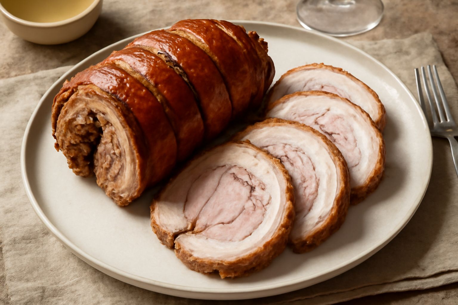 Porchetta di Loro Piceno intera su un tagliere di legno, con pelle croccante dorata, circondata da fette di pane toscano, rosmarino fresco e spicchi di limone, in primo piano la sezione tagliata che m