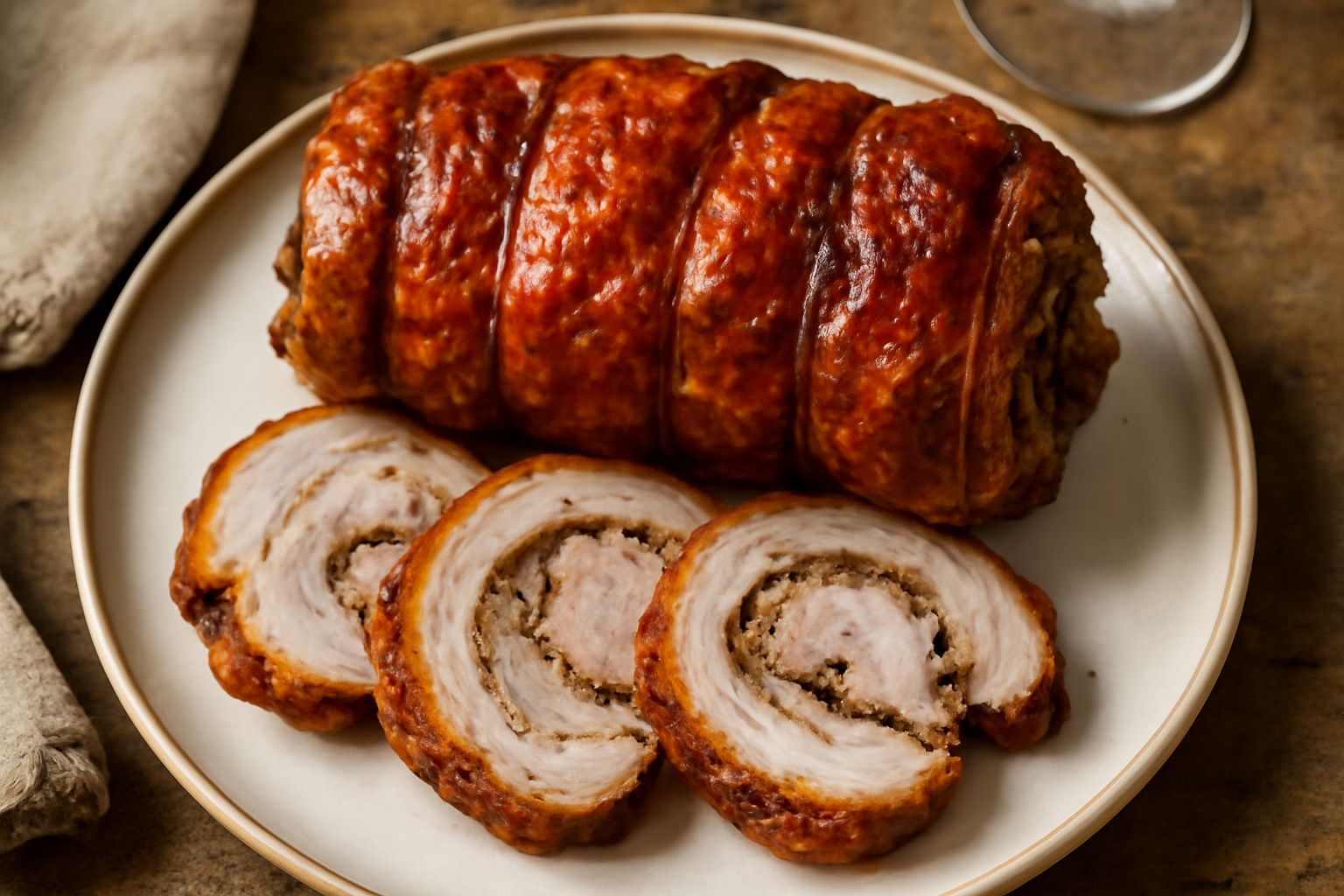 Porchetta di Montalto intera su un piatto da portata, con crosta dorata e croccante, affettata in fette spesse, contornata da erbe aromatiche fresche e aglio, sfondo neutro.