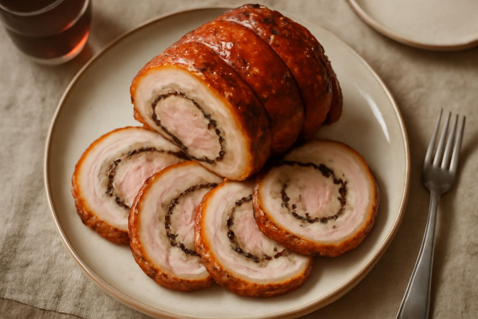 Porchetta di Norcia dorata e croccante su un tagliere di legno, tagliata a fette spesse, con la pelle croccante visibile e l'interno rosa rosato, contornata da rametti di rosmarino e alloro freschi