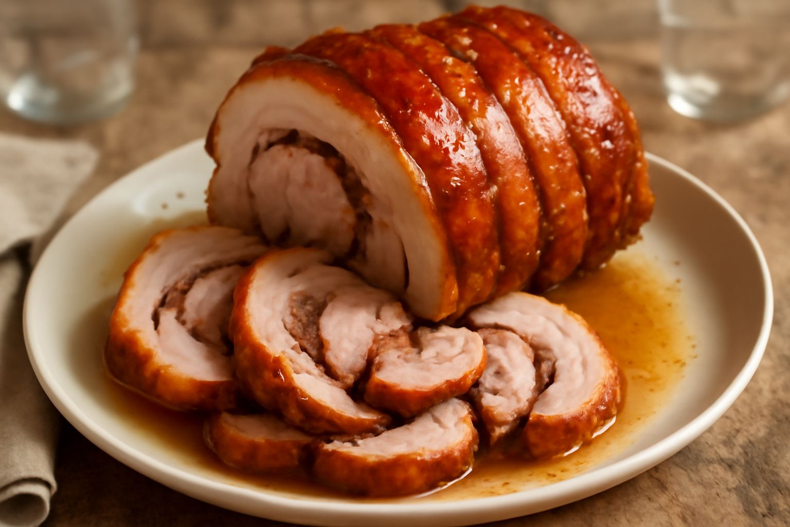 Porchetta di Numana intera su un vassoio di legno, con pelle dorata e croccante, contornata da rametti di finocchio fresco e fette tagliate che mostrano la carne rosa pallido e gli aromi all'interno