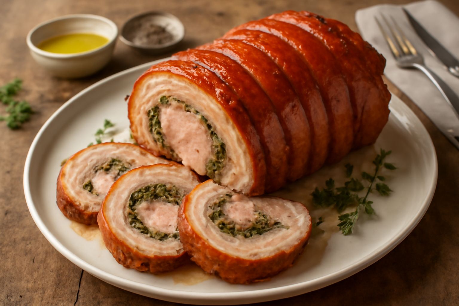 Porchetta di Padova intera arrostita con pelle dorata e croccante, affettata, servita su tagliere di legno con finocchio e pepe nero accanto
