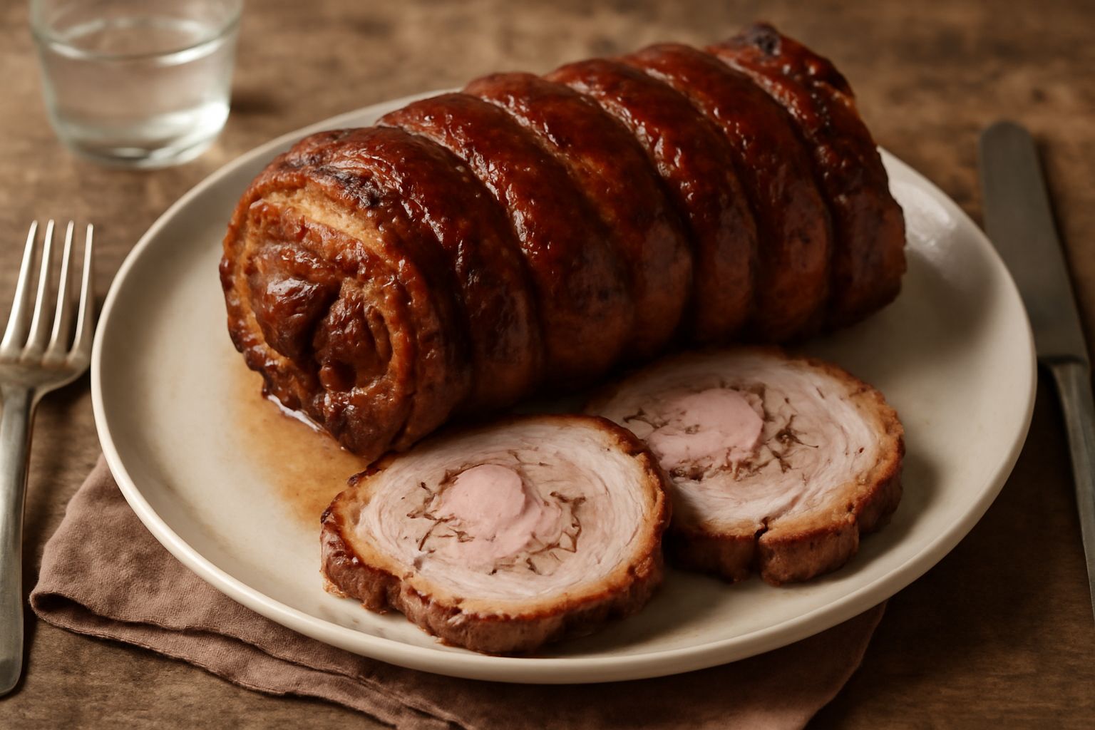 Porchetta intera dorata e croccante appena sfornata, tagliata a fette spesse che mostrano la carne rosa e succulenta, guarnita con rametti di rosmarino e servita in un piatto bianco