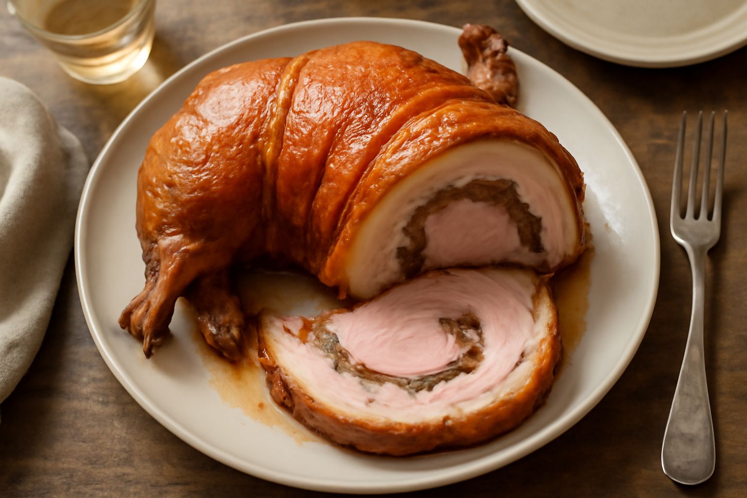 Una porchetta intera cotta, con pelle dorata e croccante, affettata e disposta su un vassoio di legno. Intorno fette sottili di carne rosea, profumata di spezie visibili sulla superficie, con contorno