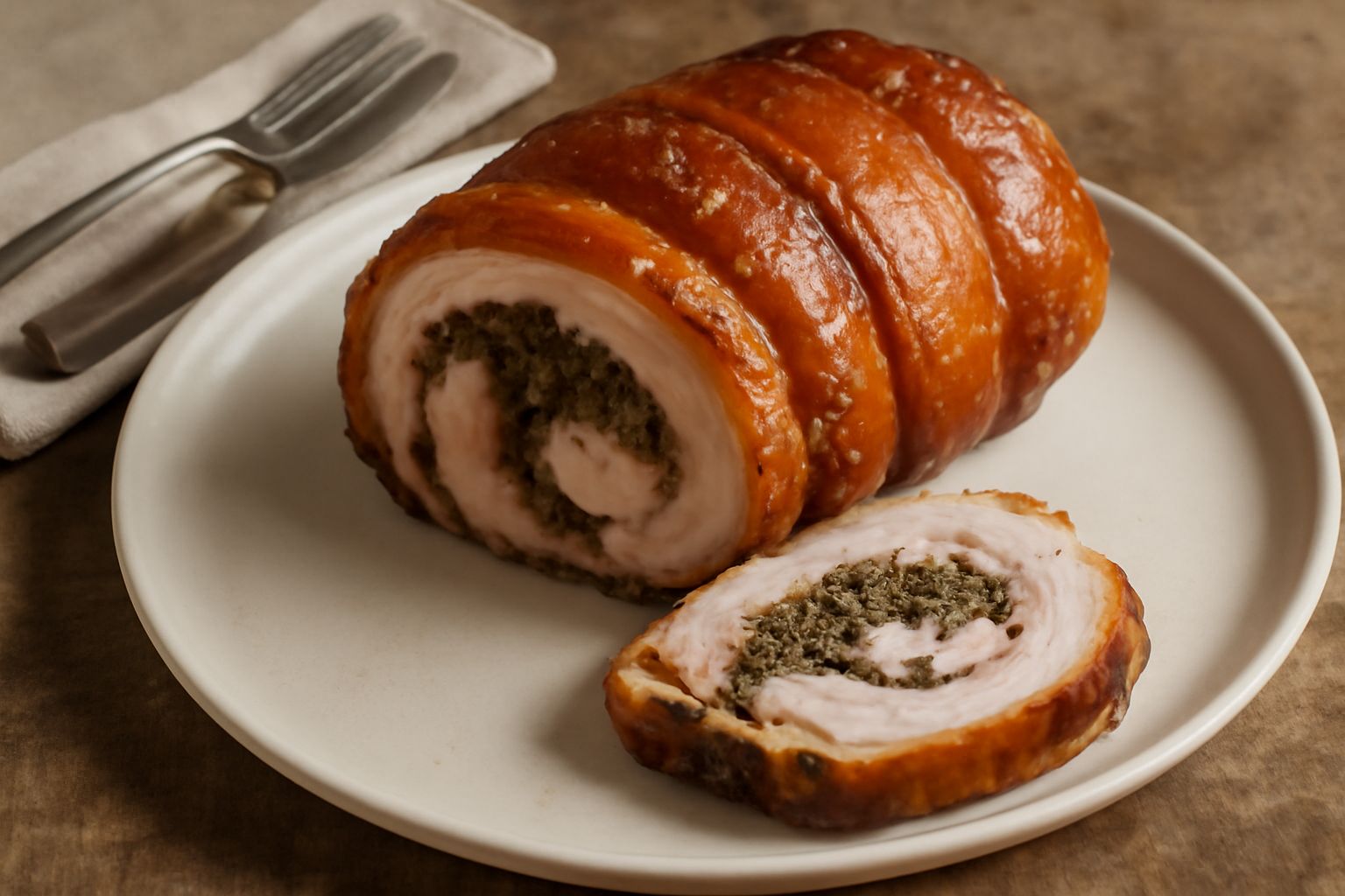 Porchetta di Pietraroia intera, dorata e croccante, affettata in piatto bianco con contorno di verdure grigliate e rosmarino fresco