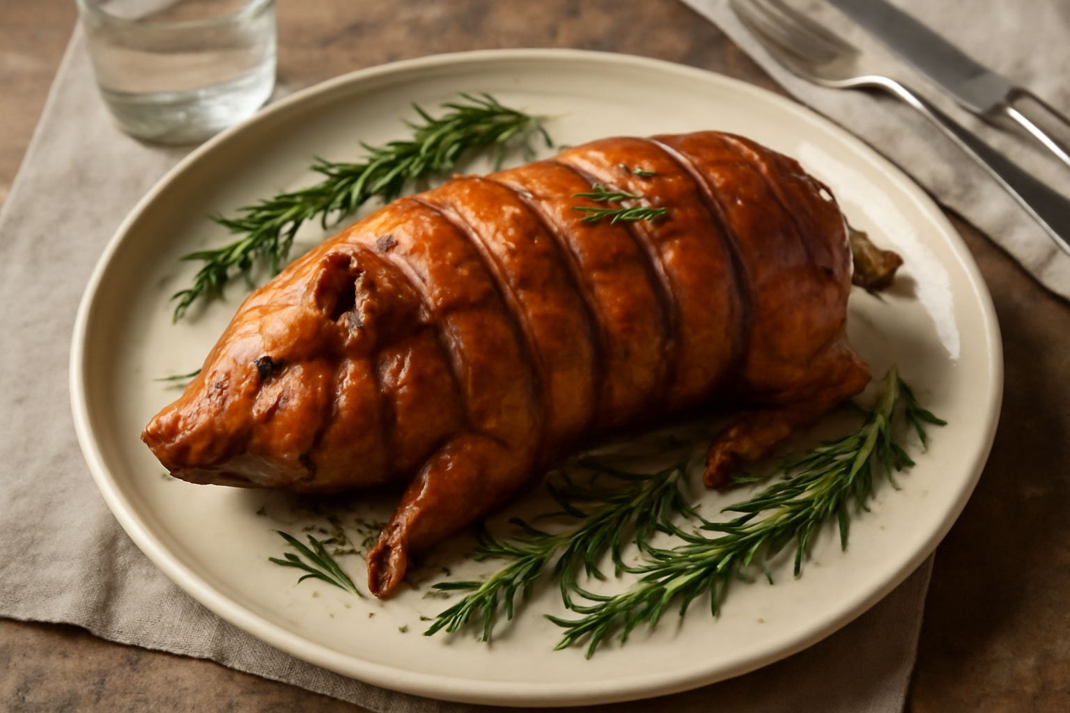 Porchetta intera cotta al forno con pelle croccante dorata, circondata da rosmarino fresco e aglio, affettata su un tagliere di legno