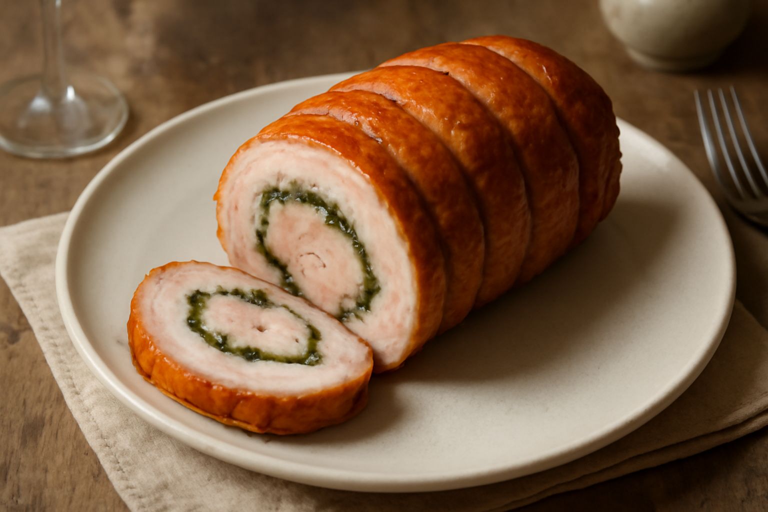 Porchetta di Pietrelcina intera appena sfornata, pelle dorata e croccante lucida, disposta su un tagliere di legno con rametti di rosmarino e salvia fresca, fette di maiale rosa e succulento visibili 