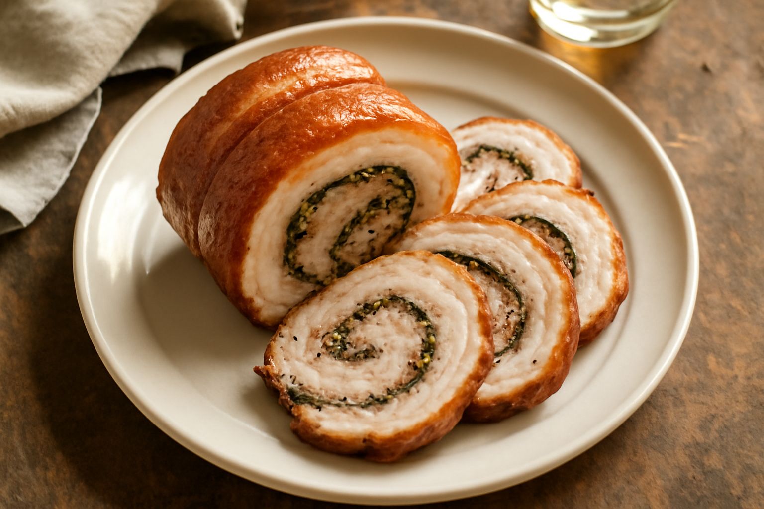 Porchetta intera cotta al forno dorata e croccante, affettata su un vassoio di legno, circondata da rosmarino e alloro, con la pelle lucida e caramellata