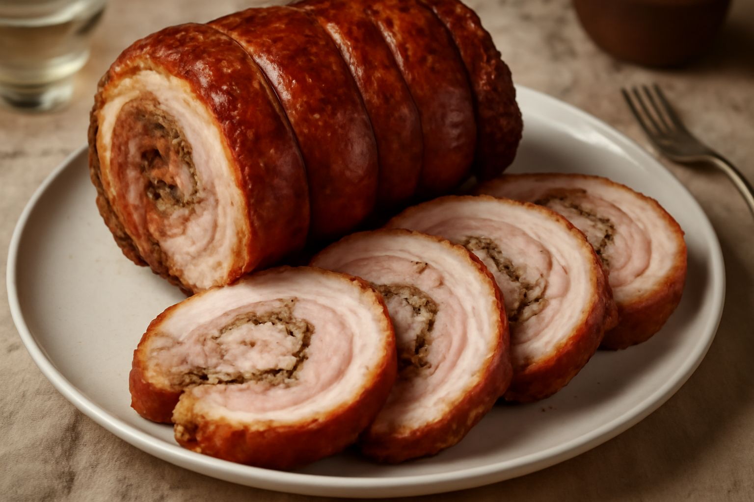 Porchetta di Teramo intera, dorata e croccante, con la pelle abbronzata e lucida, circondata da fette tagliate che mostrano la carne rosa e succosa all'interno con striature di grasso, su un tagliere 