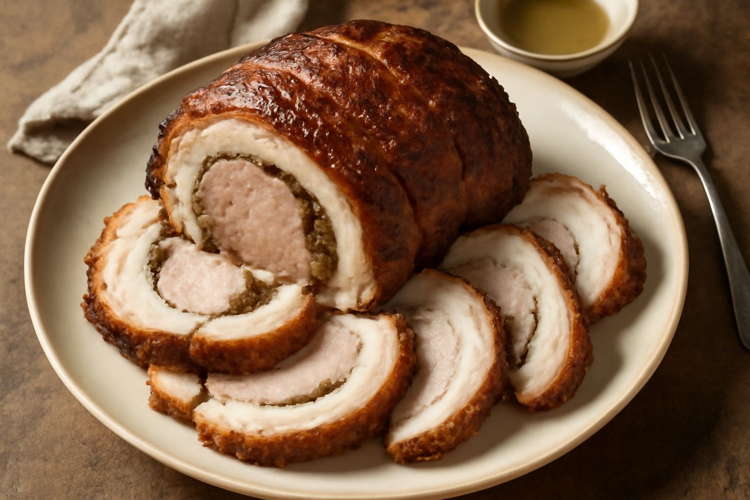 Porchetta dorata e croccante affettata su un tagliere di legno, con pelle brunita croccante ben visibile, contorno di fette di pane tostato e rametti di rosmarino fresco