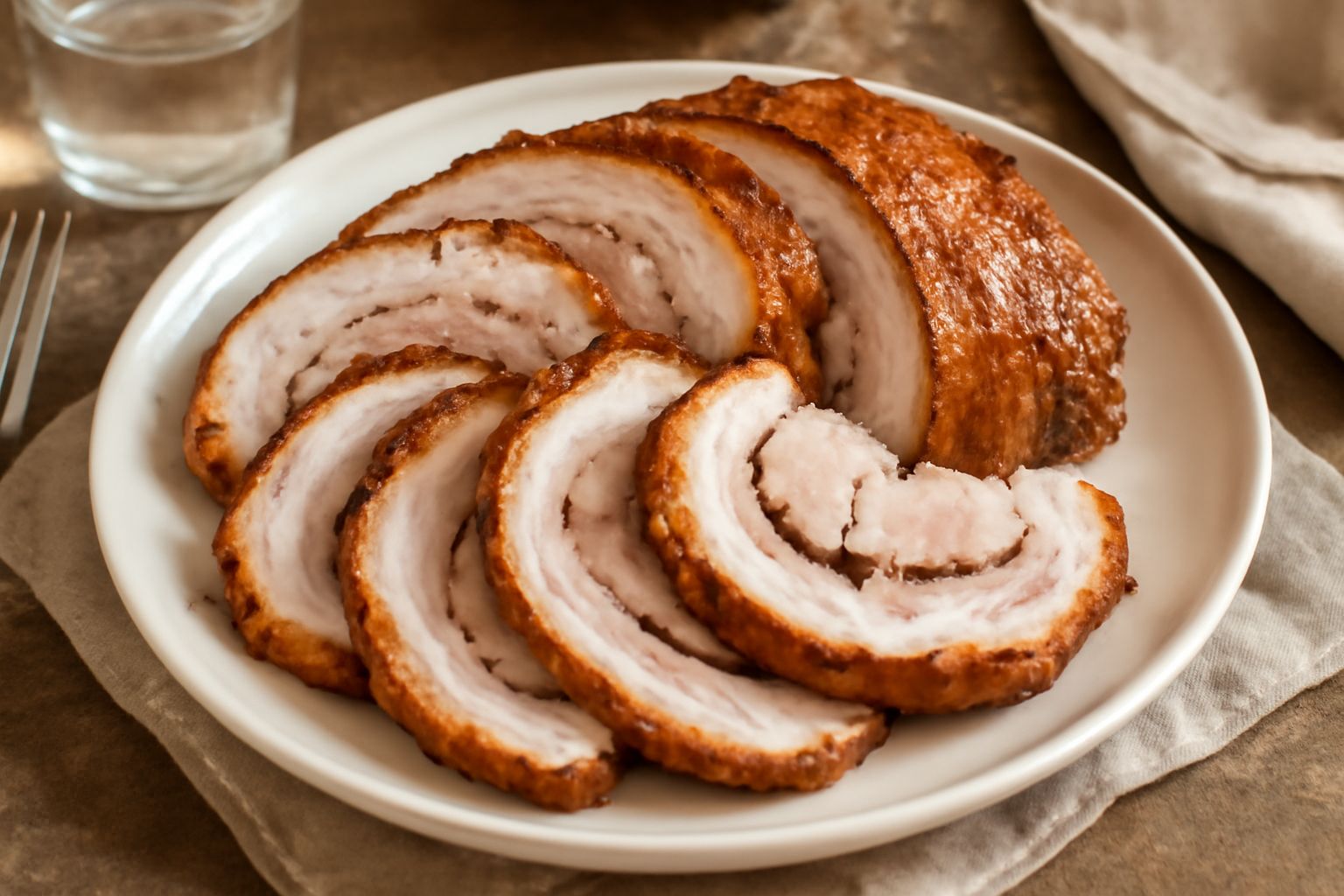 Porchetta fredda affettata su un piatto bianco, con fette di colore bruno dorato e rosato all'interno, guarnita con erbe fresche e contornata da fettine di limone
