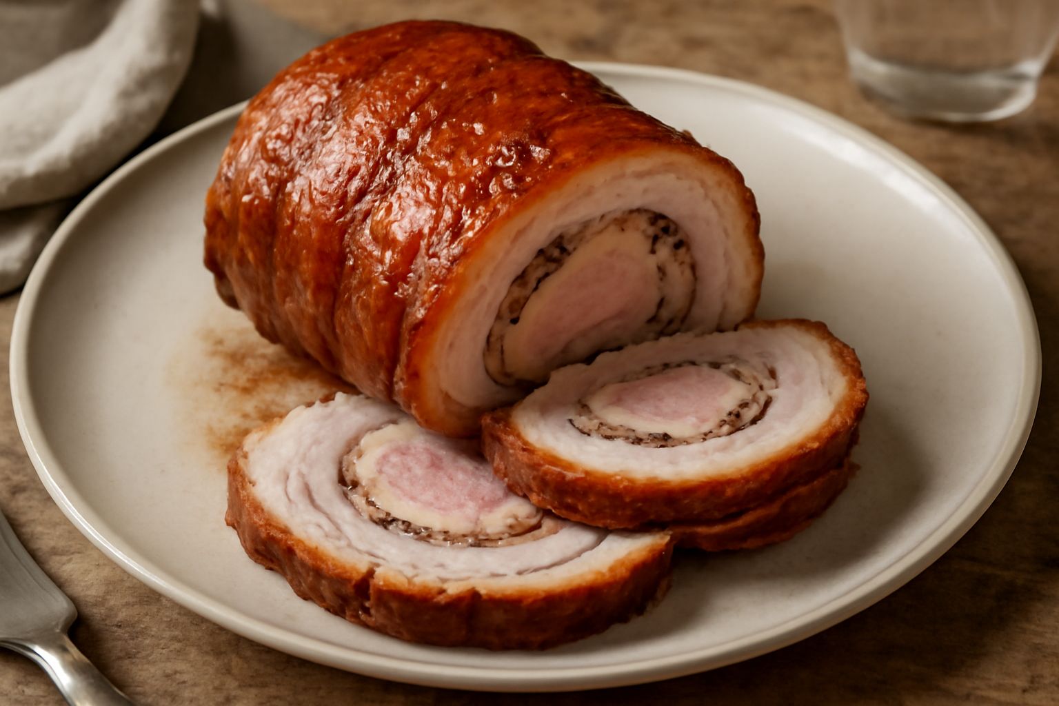 Porchetta fresca affettata su un piatto bianco, con la carne rosata e il grasso dorato, circondata da fette di limone e rametti di rosmarino fresco