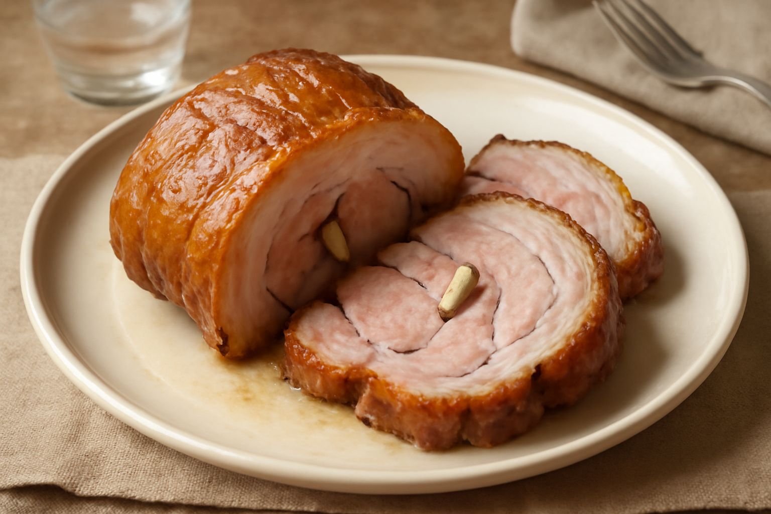 Porchetta friulana dorata e croccante in una teglia, affettata per mostrare la carne rosata all'interno, circondata da rametti di rosmarino e aglio
