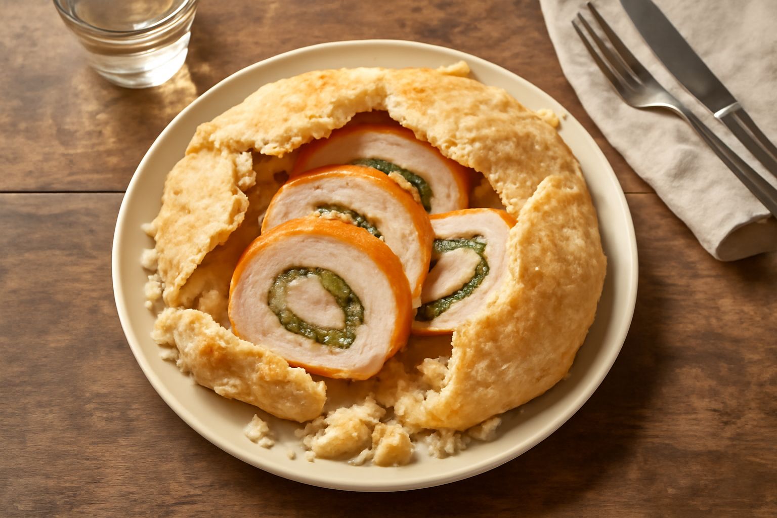 Porchetta intera ricoperta di crosta salata dorata e croccante, con rosmarino fresco, affettata al centro per mostrare la carne succosa all'interno