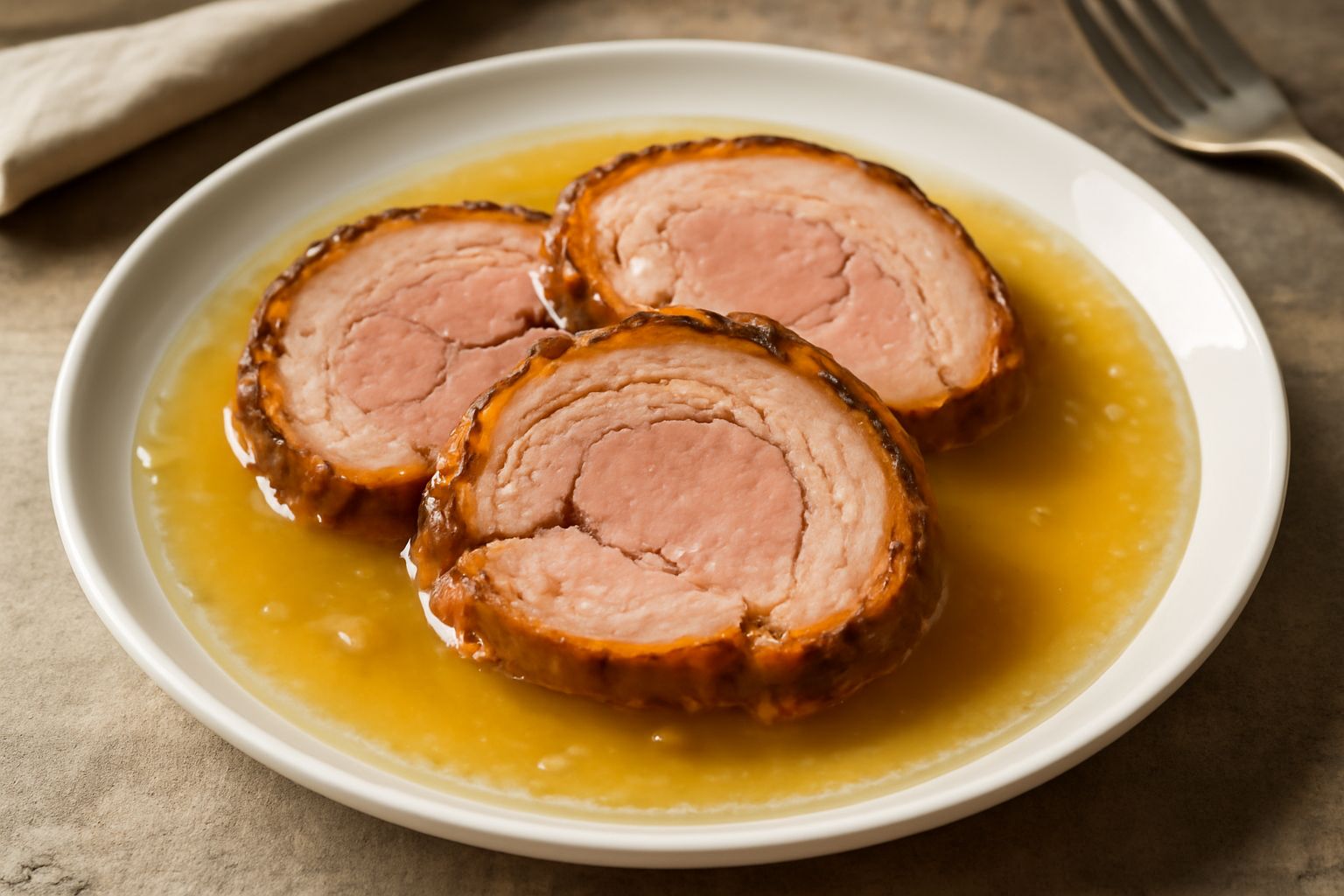 Fette di porchetta in gelatina trasparente su un piatto bianco, carne rosa e croccante circondato da gelatina lucida, con rosmarino fresco come guarnizione
