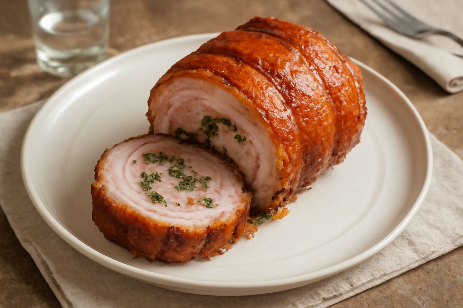 Porchetta messinese tagliata a fette su un piatto bianco, con la pelle dorata e croccante ben visibile, circondata da limone fresco e rametti di rosmarino