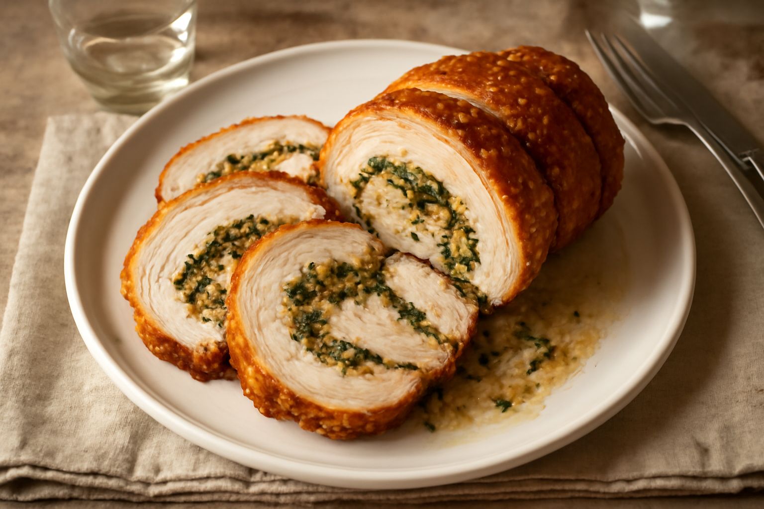Porchetta piemontese intera dorata e croccante su un tagliere di legno, circondata da rametti di rosmarino, con spicchi di limone e verdure grigliate accanto