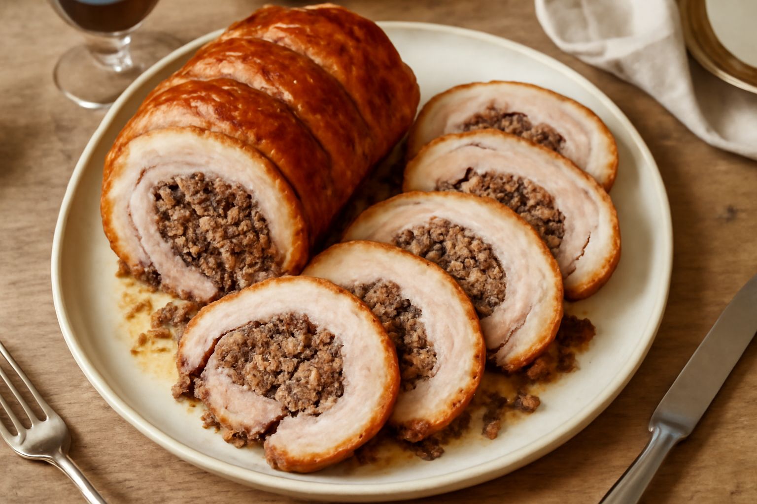 Porchetta siracusana intera dorata e croccante in un vassoio bianco, circondata da limoni freschi e rosmarino, con una fetta tagliata che mostra il ripieno di fegatini e spezie all'interno