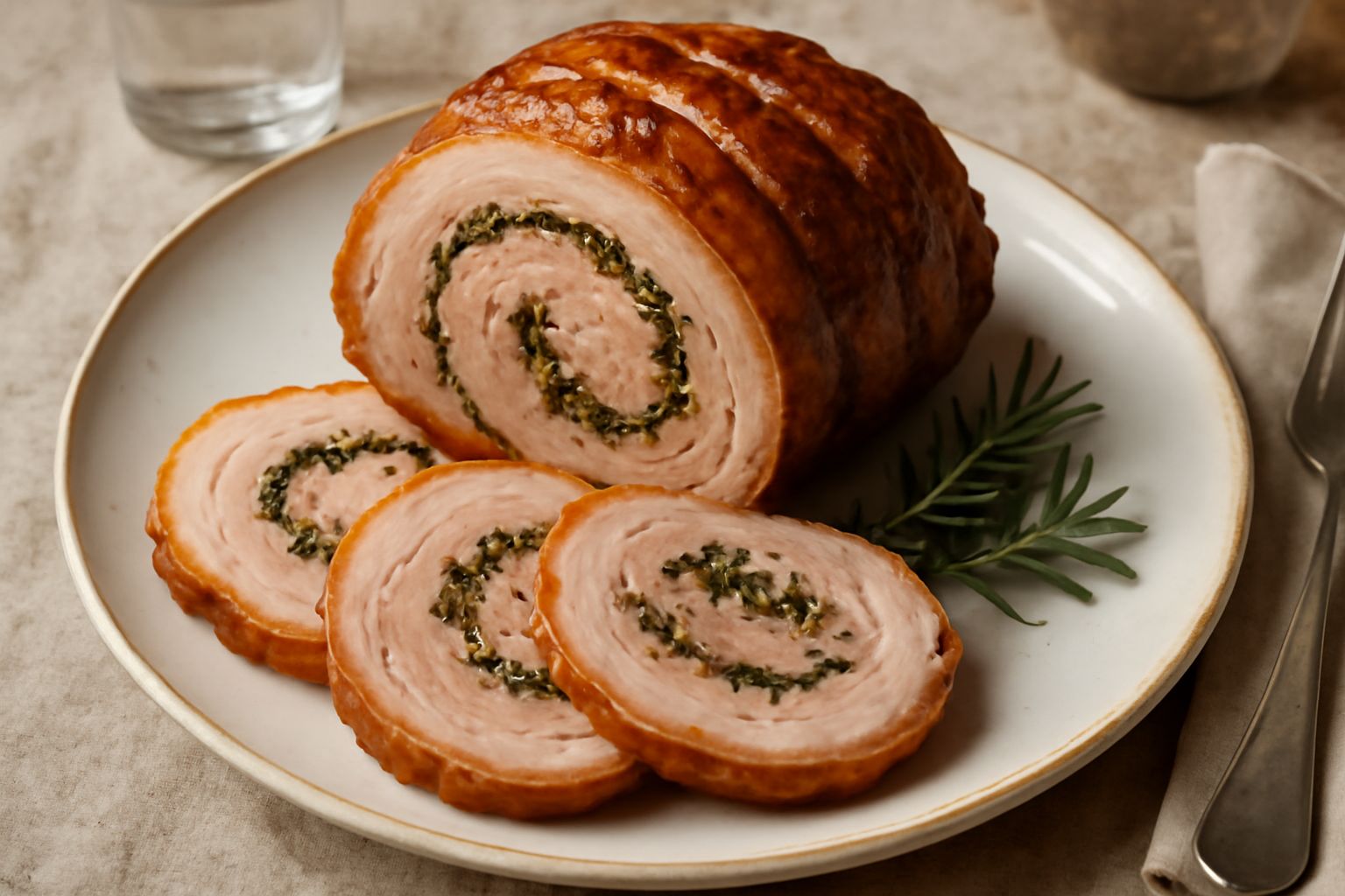 Porchetta trentina tagliata a fette su un piatto bianco, la carne rosea e succosa al centro, la crosta dorata e croccante, contorno di verdure saltate in padella con rosmarino fresco