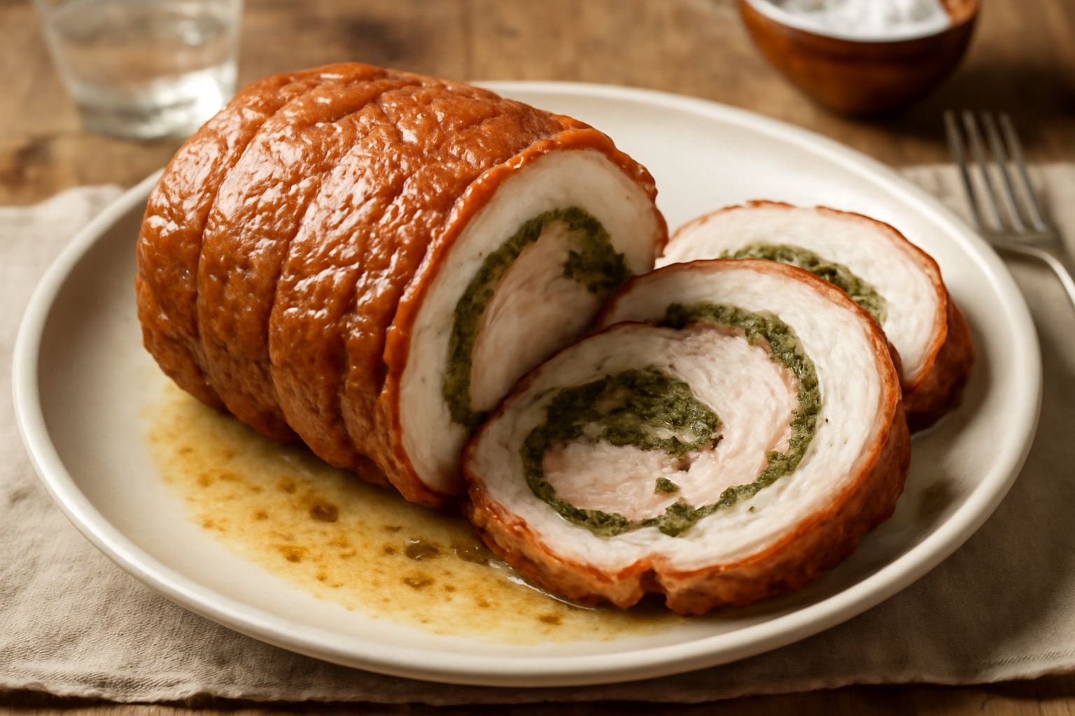 Porchetta vicentina tagliata a fette, pelle croccante e dorata, ripieno verde di erbe visibile all'interno, adagiata su un piatto bianco con rosmarino fresco accanto