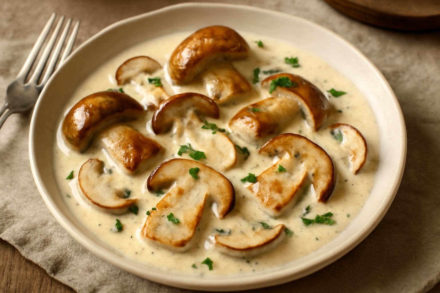 Porcini interi e a fettine in salsa cremosa bianca in piatto fondo di ceramica, con prezzemolo fresco spolverato, vapore visibile, su tavolo di legno chiaro