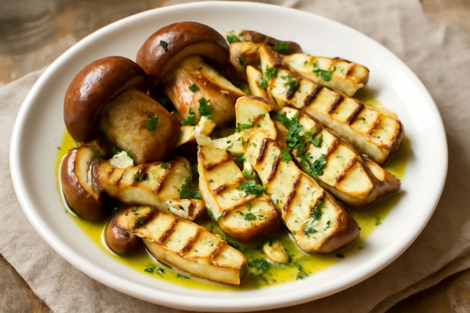 Quattro fette di porcino grigliate su un piatto bianco, superficie dorata e solchi della griglia visibili, contornate da aglio affettato sottile, filo di olio verde e prezzemolo fresco spezzato