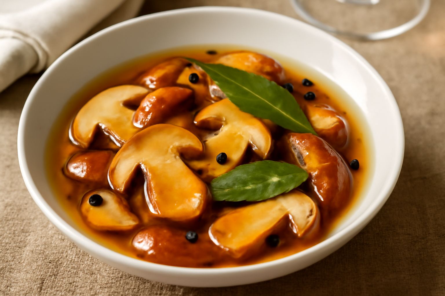 Porcini tagliati a fette dorati in una ciotola di ceramica bianca, ricoperti di liquido agrodolce trasparente con grani di pepe nero e foglie di alloro in evidenza, serviti tiepidi su sfondo neutro
