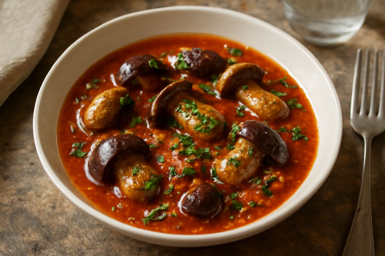 Porcini interi in umido in un piatto bianco, ricoperti di sugo rosso di pomodoro, con prezzemolo fresco tritato, cipolla morbida e aglio, vapore ancora visibile