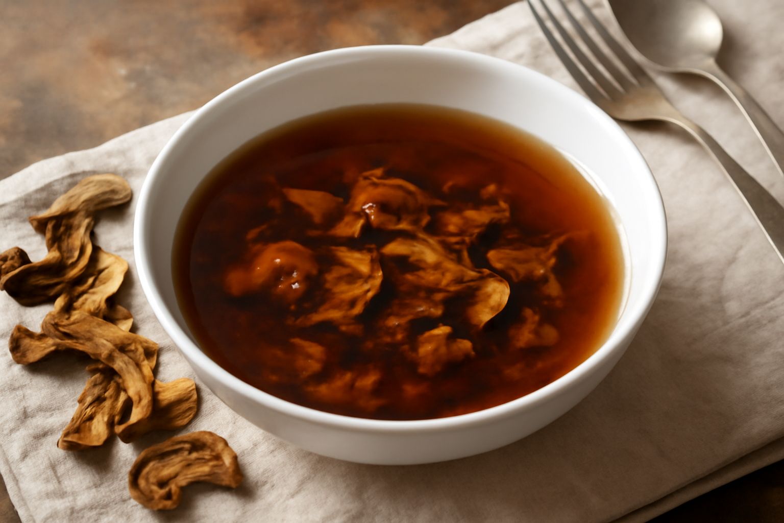 Porcini secchi brunastri su una tavola di legno naturale, accanto a una ciotola di acqua tiepida e un pezzo di stoffa bianca, con fascio di rametti di timo