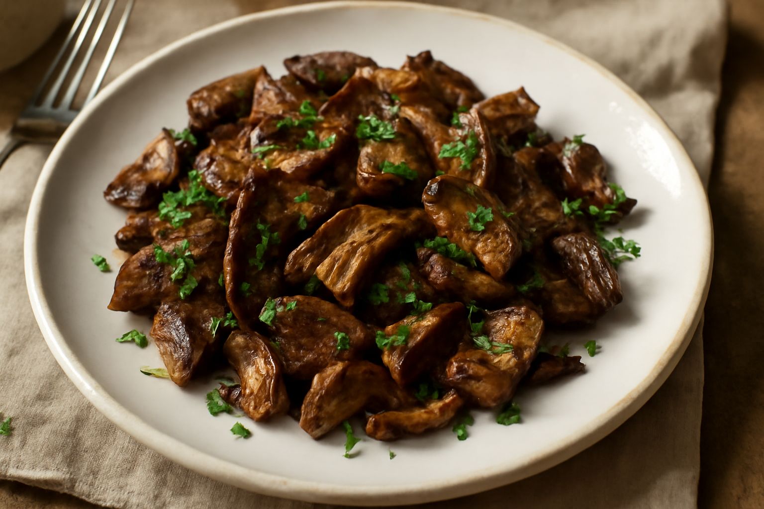 Porcini secchi risoffritti in una padella di ferro scuro, dorati sui bordi, coperti di gocce d'olio lucido e foglie di prezzemolo, con spicchi d'aglio tostati intorno