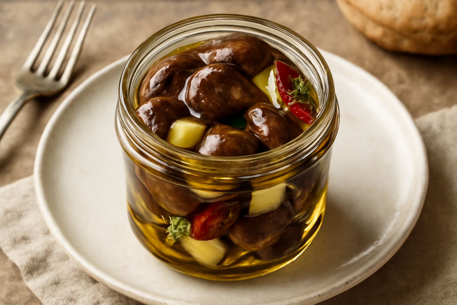 Vasetto di vetro con porcini interi sott'olio dorato, funghi marroni scuri sommersi in olio trasparente, con aglio e peperoncino rosso visibile tra i pezzi, sfondo bianco