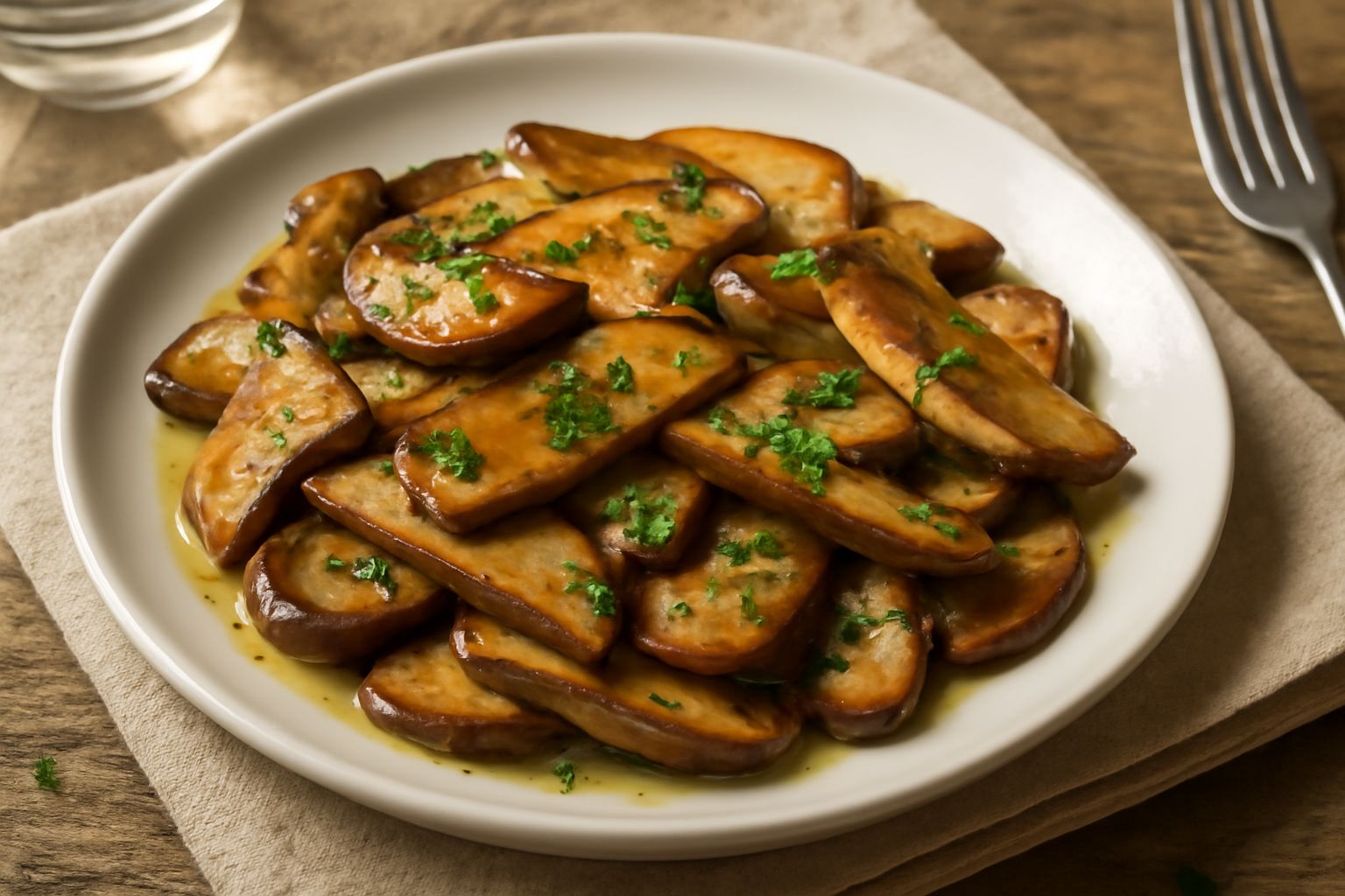 Porcini trifolati in padella di ferro, color nocciola scuro, con fettine tagliate dritte, cosparse di prezzemolo verde fresco e gocce di olio in superficie, su fondo di cucina rustica