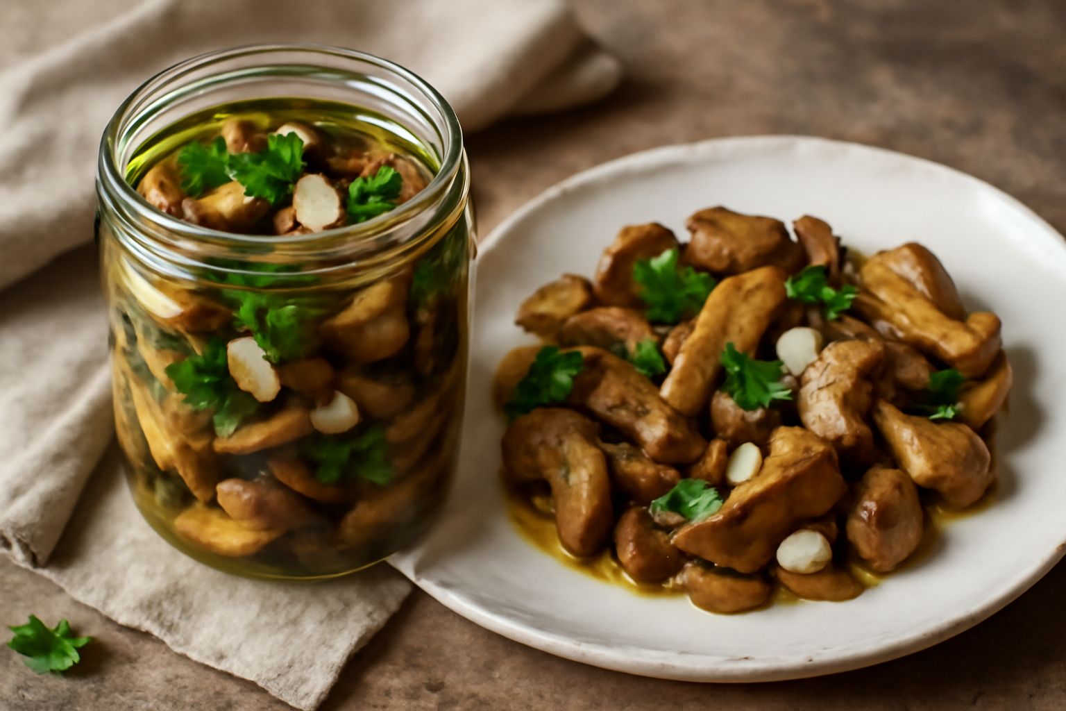 Barattolo di vetro trasparente con porcini trifolati color marrone dorato immersi in olio d'oliva, aglio e prezzemolo verde visibile, su una superficie di legno con un cucchiaio di legno accanto