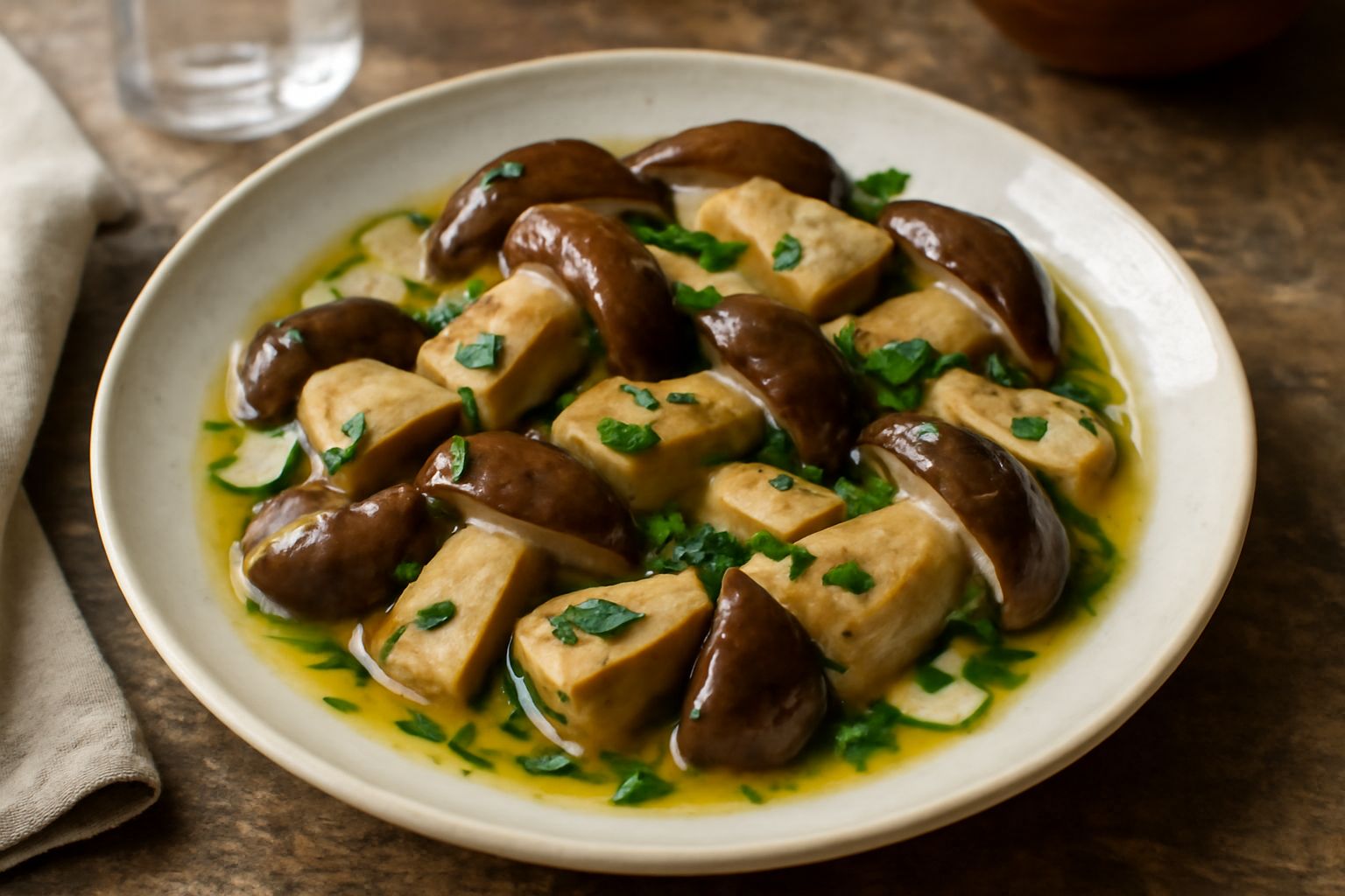 Un barattolo di vetro con porcini trifolati sott'olio, funghi marrone chiaro tagliati a fette visibili nell'olio dorato, aglio e prezzemolo sparsi tra i funghi, etichetta sottile sul barattolo, luce n