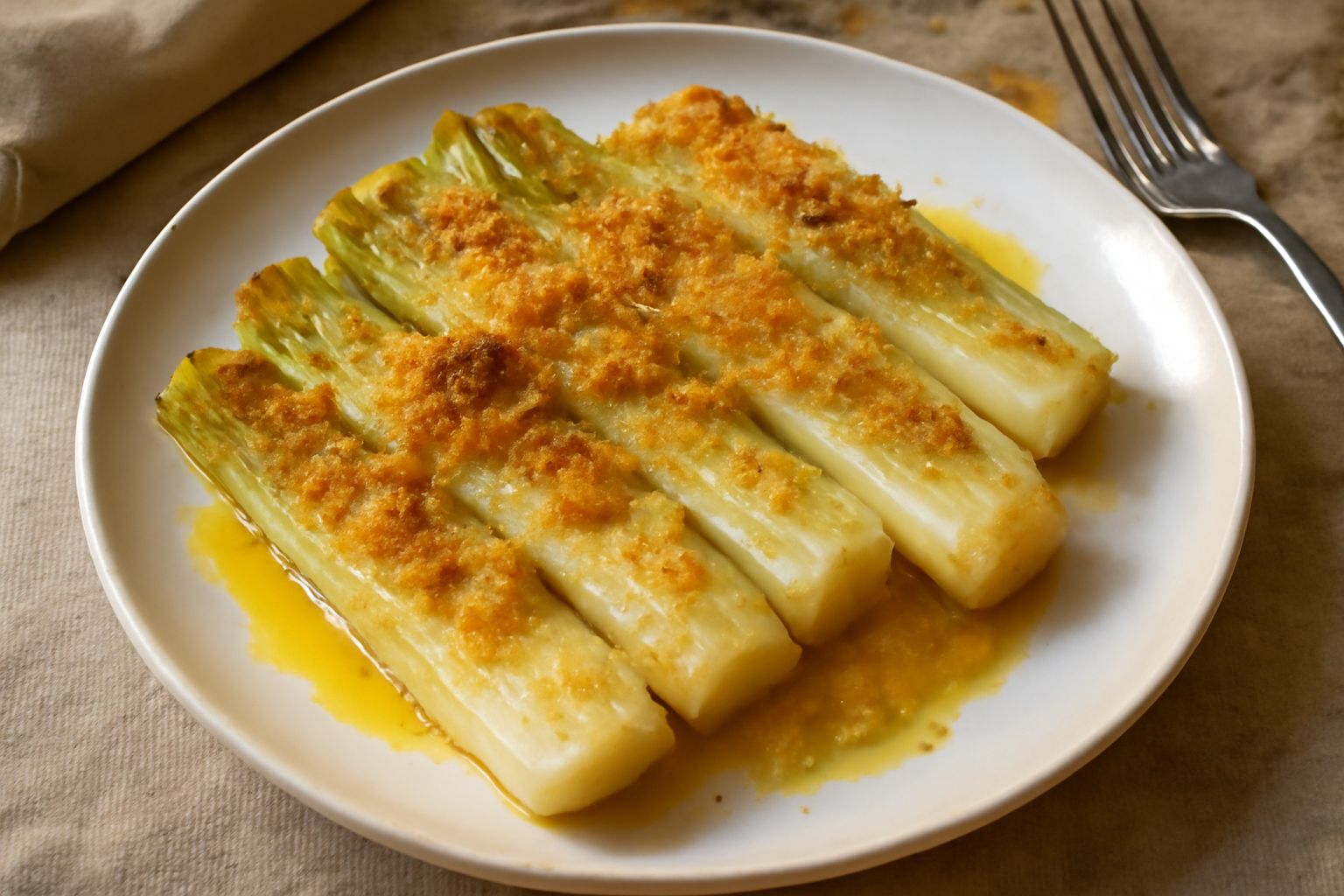 Porri al forno in teglia bianca, tagliati a metà nel senso della lunghezza, con superficie dorata e pangrattato croccante, conditi con olio verde chiaro e fili di prezzemolo fresco