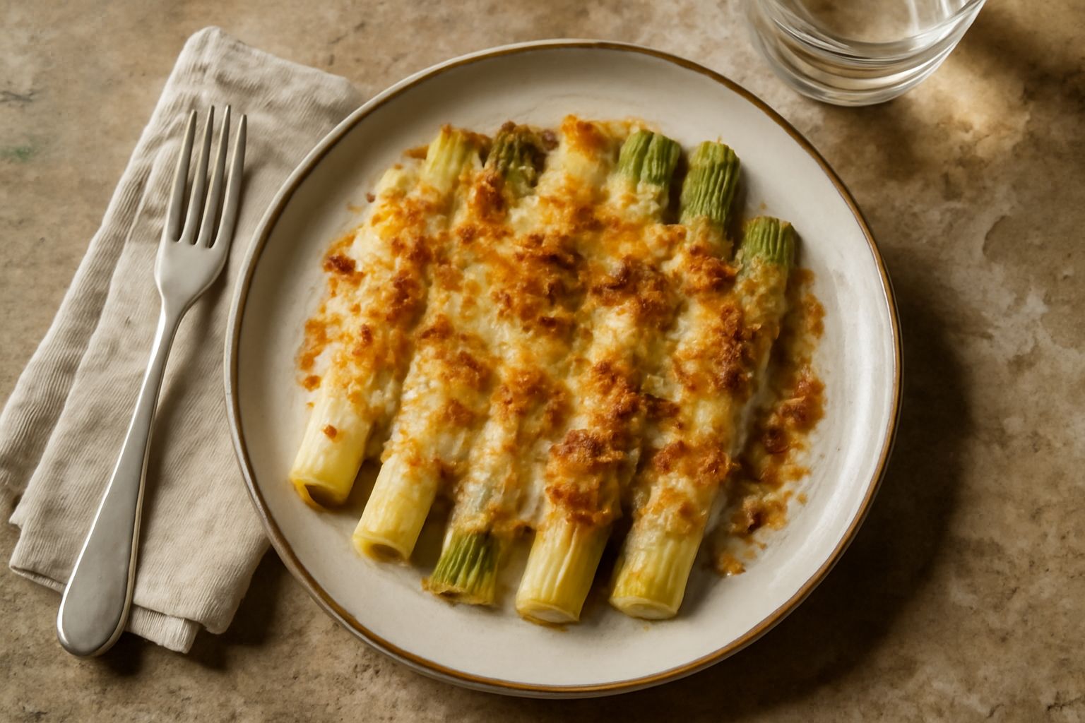 Porri gratinati disposti in fila su un piatto bianco, con una crosticina dorata in superficie e besciamella cremosa visibile dai lati, decorati con prezzemolo fresco.