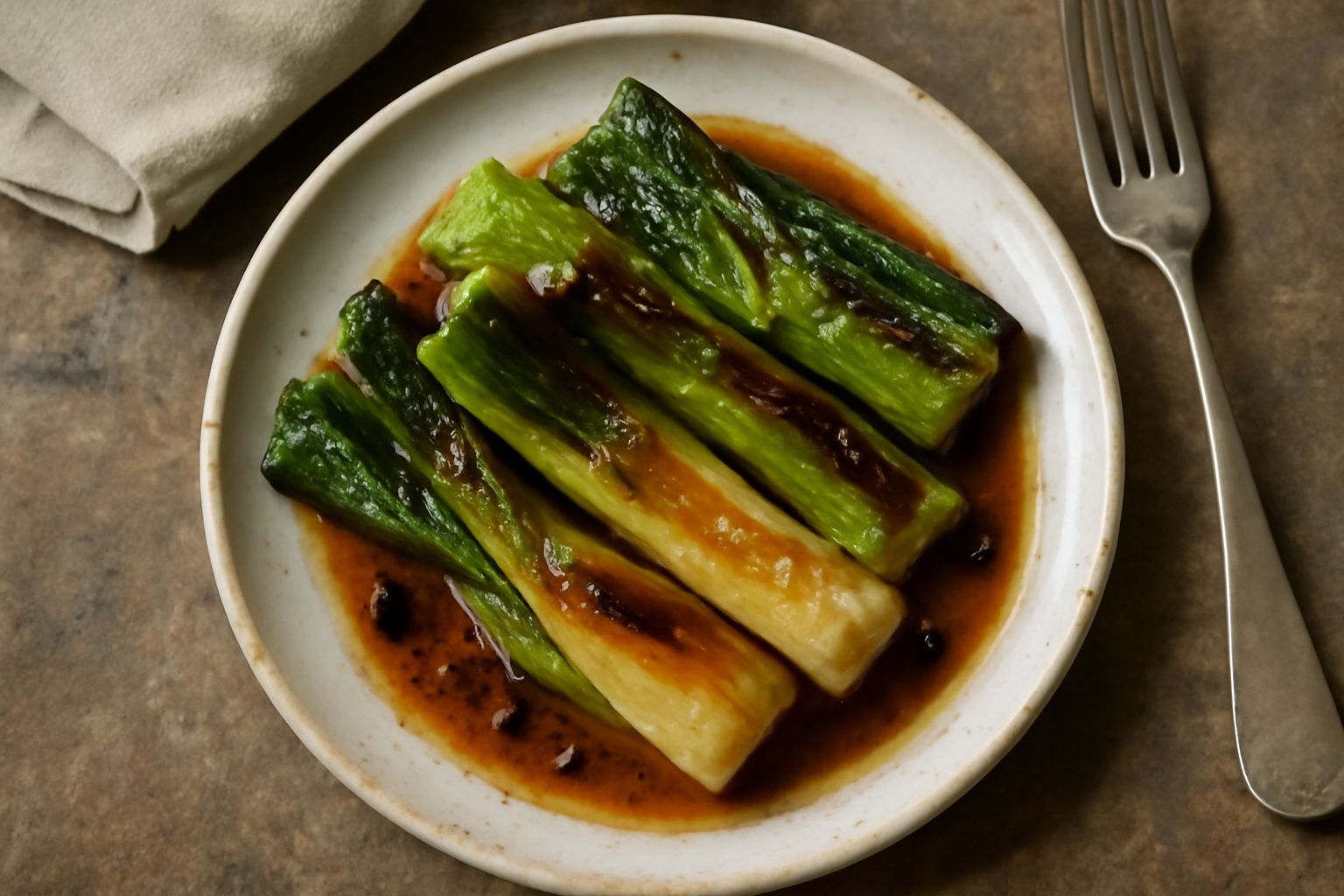 Porri dorati e morbidi in salsa agrodolce su piatto bianco, con parti bianche e verdi visibili, lucidi di olio, guarniti con qualche goccia di aceto scuro